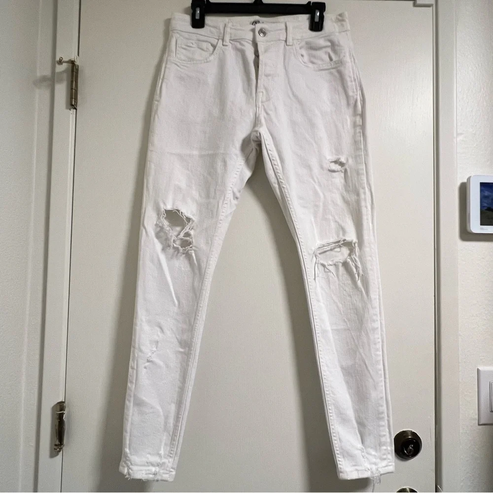Zara Men's Distressed Ripped Skinny Jeans White 31x30